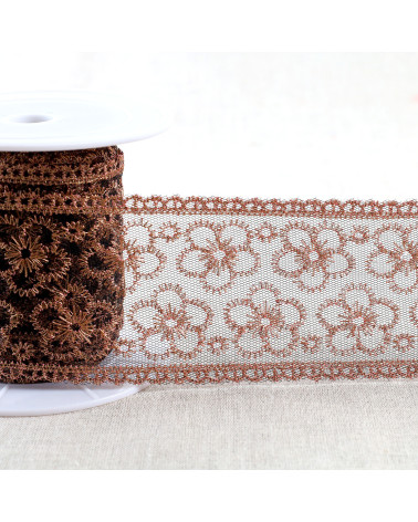 Bobine 13,5m broderie métallique sur tulle 62mm noir/or/rose