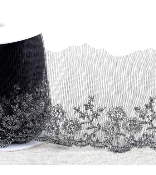 13.5m spool of metallic embroidery on 90mm black/silver tulle