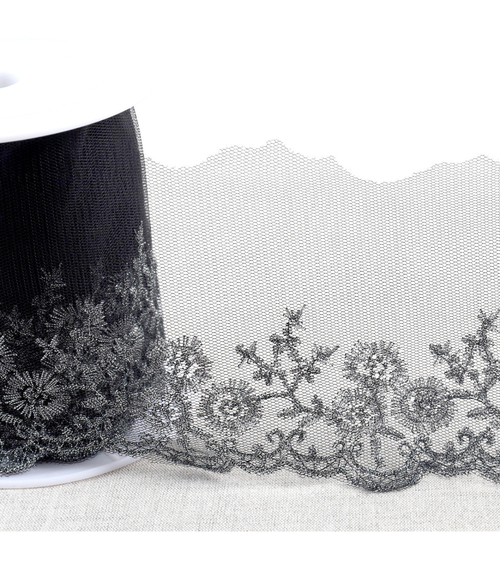 13.5m spool of metallic embroidery on 90mm black/silver tulle