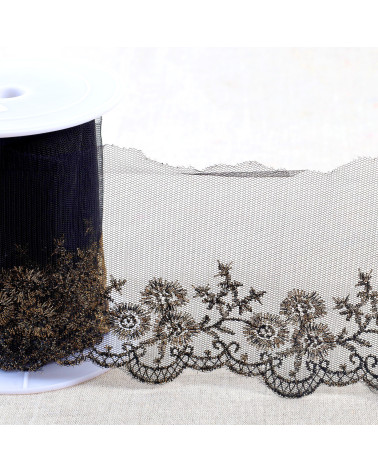 13.5m spool metallic embroidery on 90mm black/gold tulle