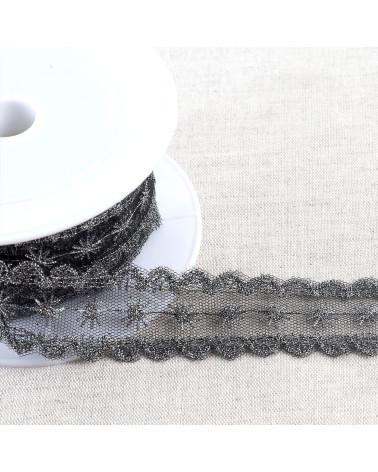 13.5m spool metallic embroidery on 28mm black/silver tulle