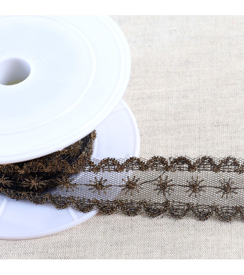 13.5m spool metallic embroidery on 28mm black/gold tulle
