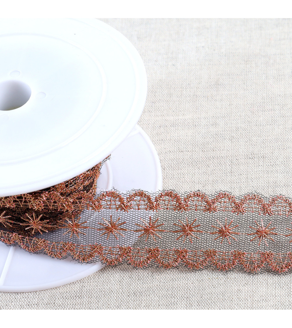 13.5m spool metallic embroidery on 28mm tulle black/gold/pink