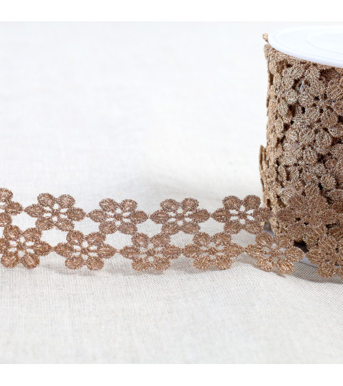 Metallic guipure flowers 30mm rose gold per meter