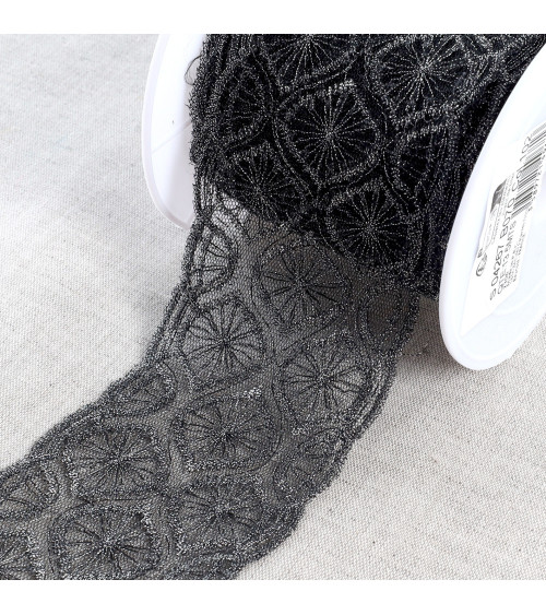 Metallic embroidery on 70mm black/silver tulle per meter