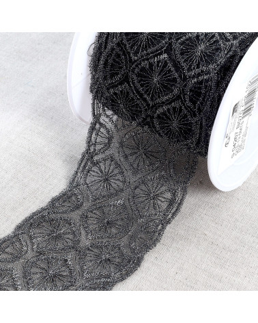 Metallic embroidery on 70mm black/silver tulle per meter