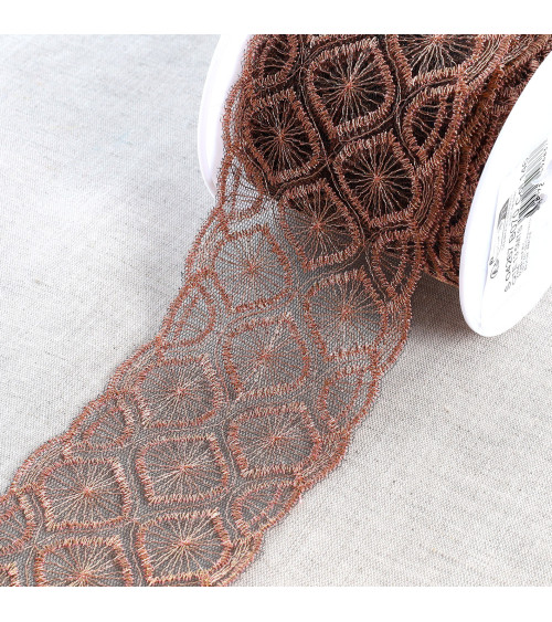 Metallic embroidery on 70mm black/gold/pink tulle per meter