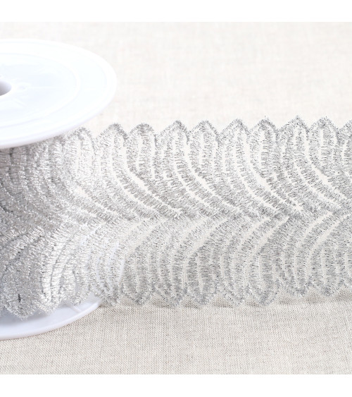 Metallic embroidery on 80mm silver tulle per meter