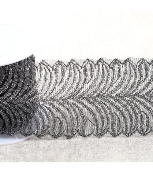 Metallic embroidery on 80mm black/silver tulle per meter