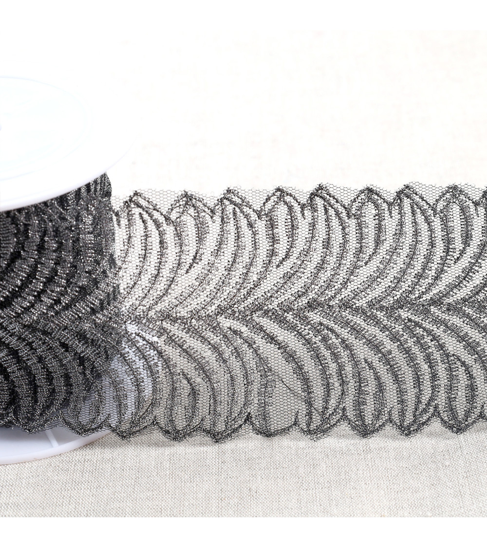 Metallic embroidery on 80mm black/silver tulle per meter