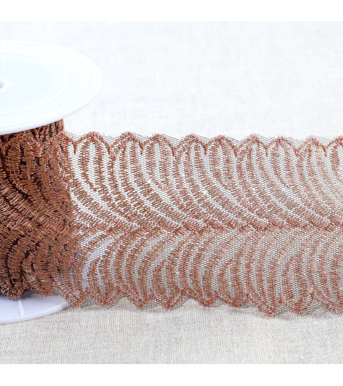 Metallic embroidery on 80mm black/gold/pink tulle per meter