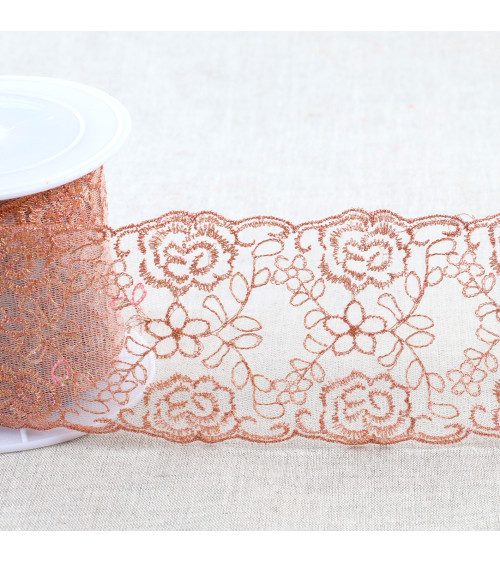 Metallic embroidery on 80mm rose gold tulle per meter