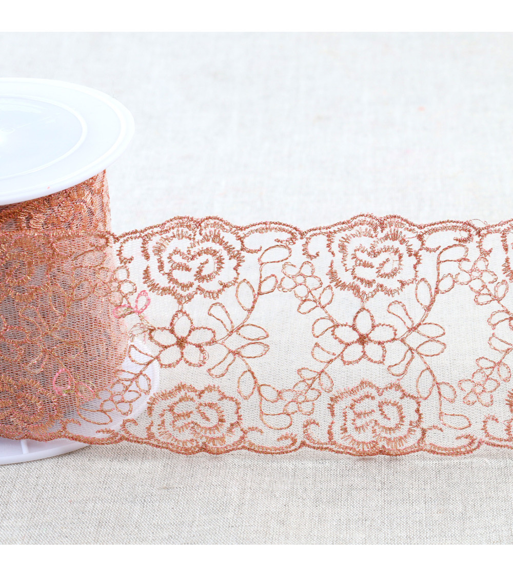 Metallic embroidery on 80mm rose gold tulle per meter