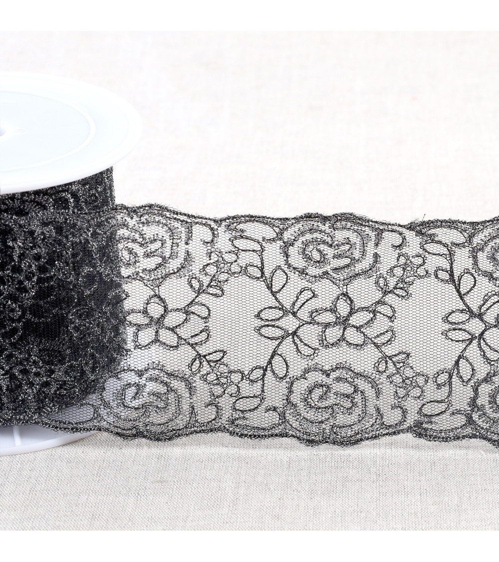 Metallic embroidery on 80mm black/silver tulle per meter