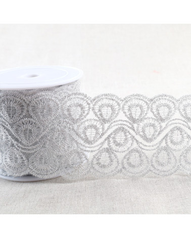 Ricami metallici su tulle argento da 80 mm al metro