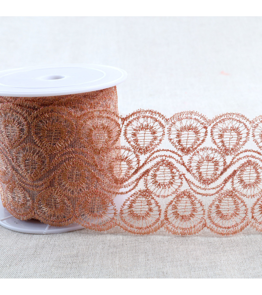 Metallic embroidery on tulle 80mm rose gold by the meter