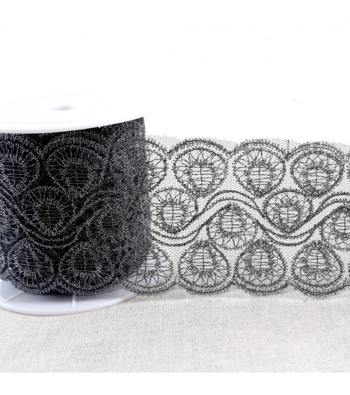 Metallic embroidery on 80mm black/silver tulle per meter