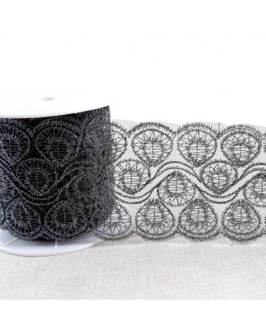 Ricamo metallico su tulle nero/argento da 80 mm al metro
