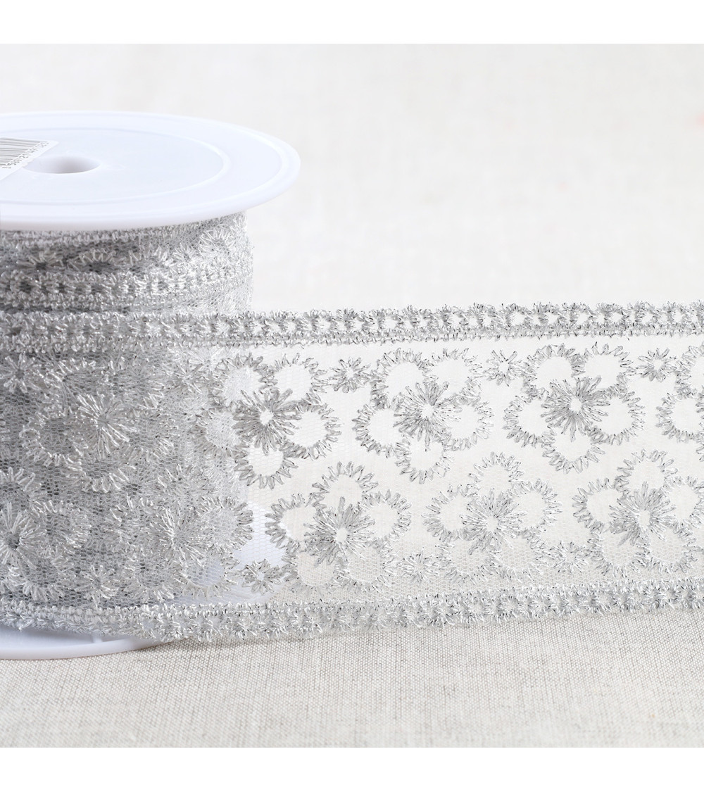 Metallic embroidery on tulle 62mm silver per meter