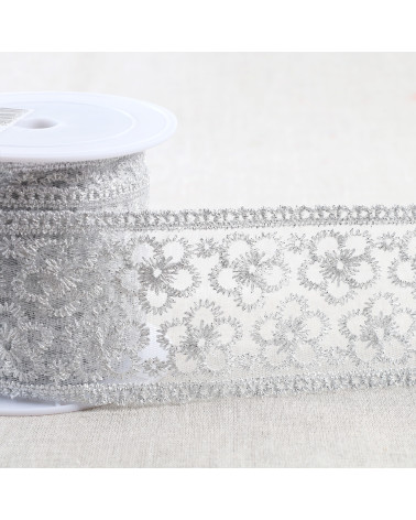 Metallic embroidery on tulle 62mm silver per meter