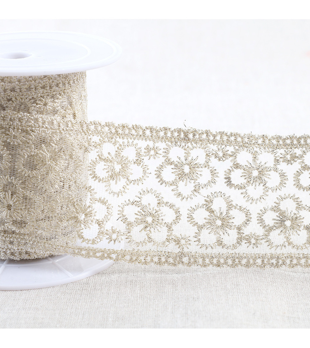 Metallic embroidery on tulle 62mm gold per meter