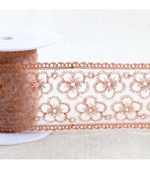 Metallic embroidery on tulle 62mm rose gold per meter