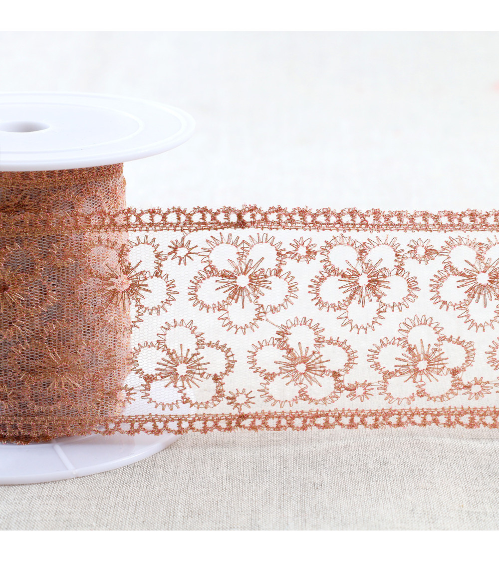 Broderie métallique sur tulle 62mm or rose au mètre