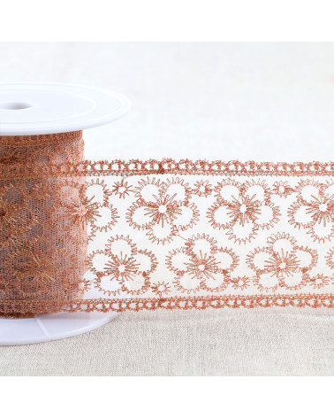 Metallic embroidery on tulle 62mm rose gold per meter