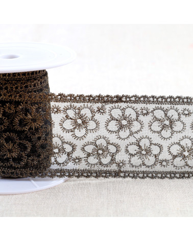 Broderie métallique sur tulle 62mm noir/or au mètre