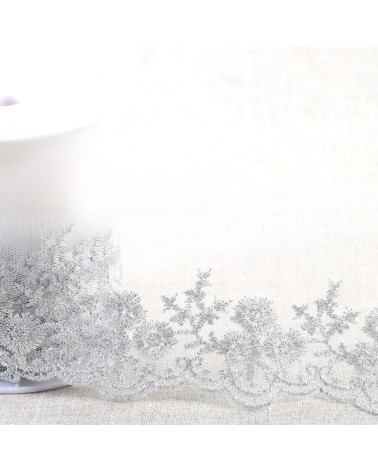 Broderie métallique sur tulle 90mm argent au mètre