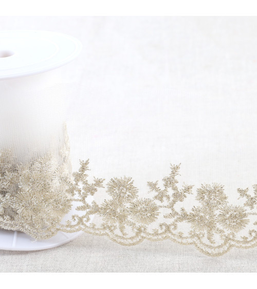 Metallic embroidery on 90mm gold tulle per meter