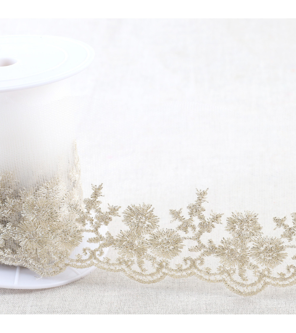 Metallic embroidery on 90mm gold tulle per meter