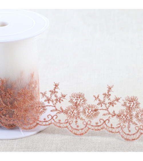 Metallic embroidery on 90mm rose gold tulle per meter