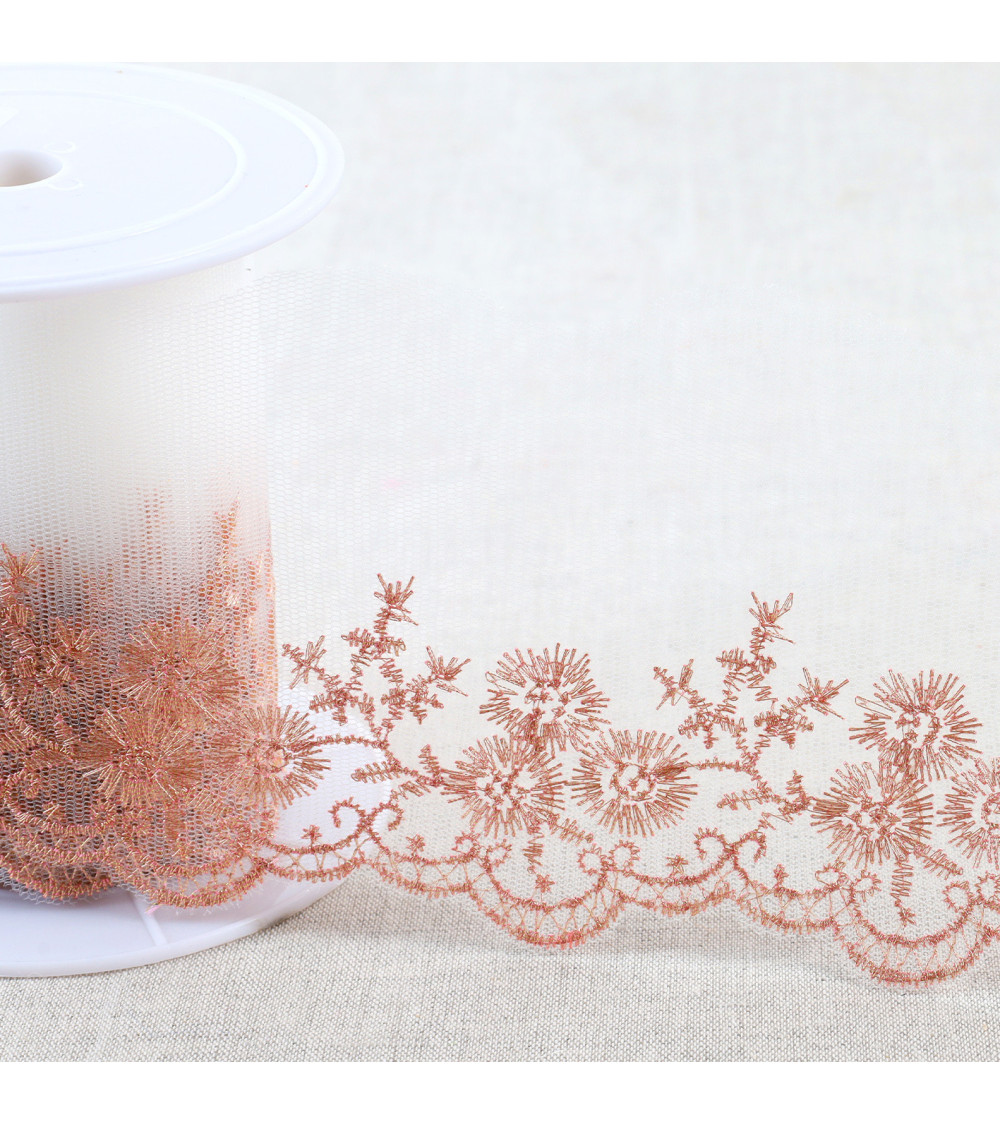 Metallic embroidery on 90mm rose gold tulle per meter