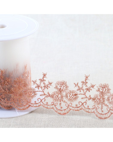 Metallic embroidery on 90mm rose gold tulle per meter