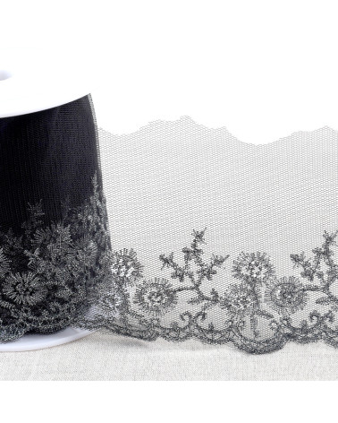 Metallic embroidery on 90mm black/silver tulle per meter