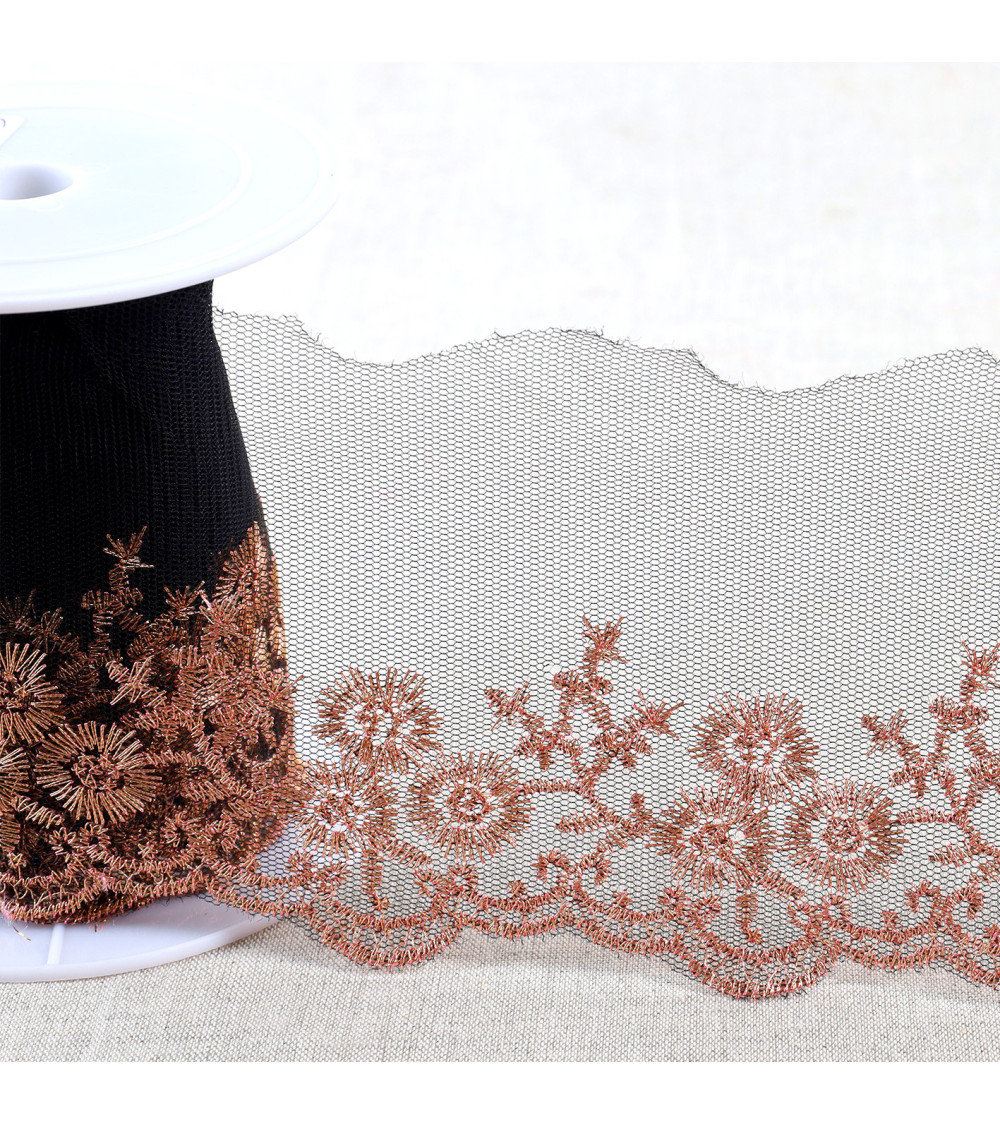Metallic embroidery on 90mm black/gold/pink tulle per meter