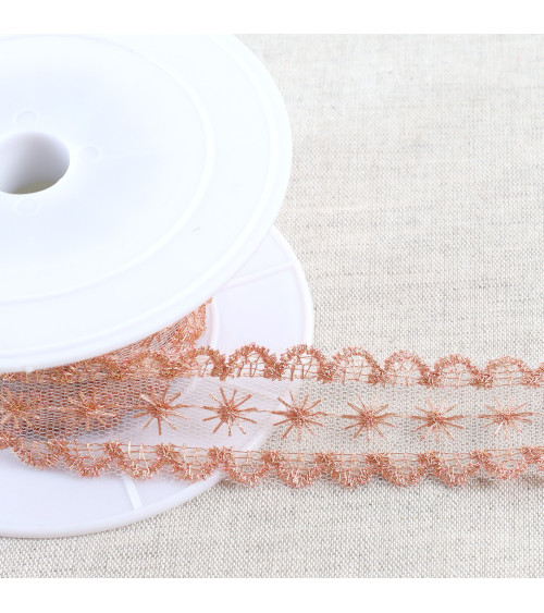 Metallic embroidery on 28mm rose gold tulle per meter