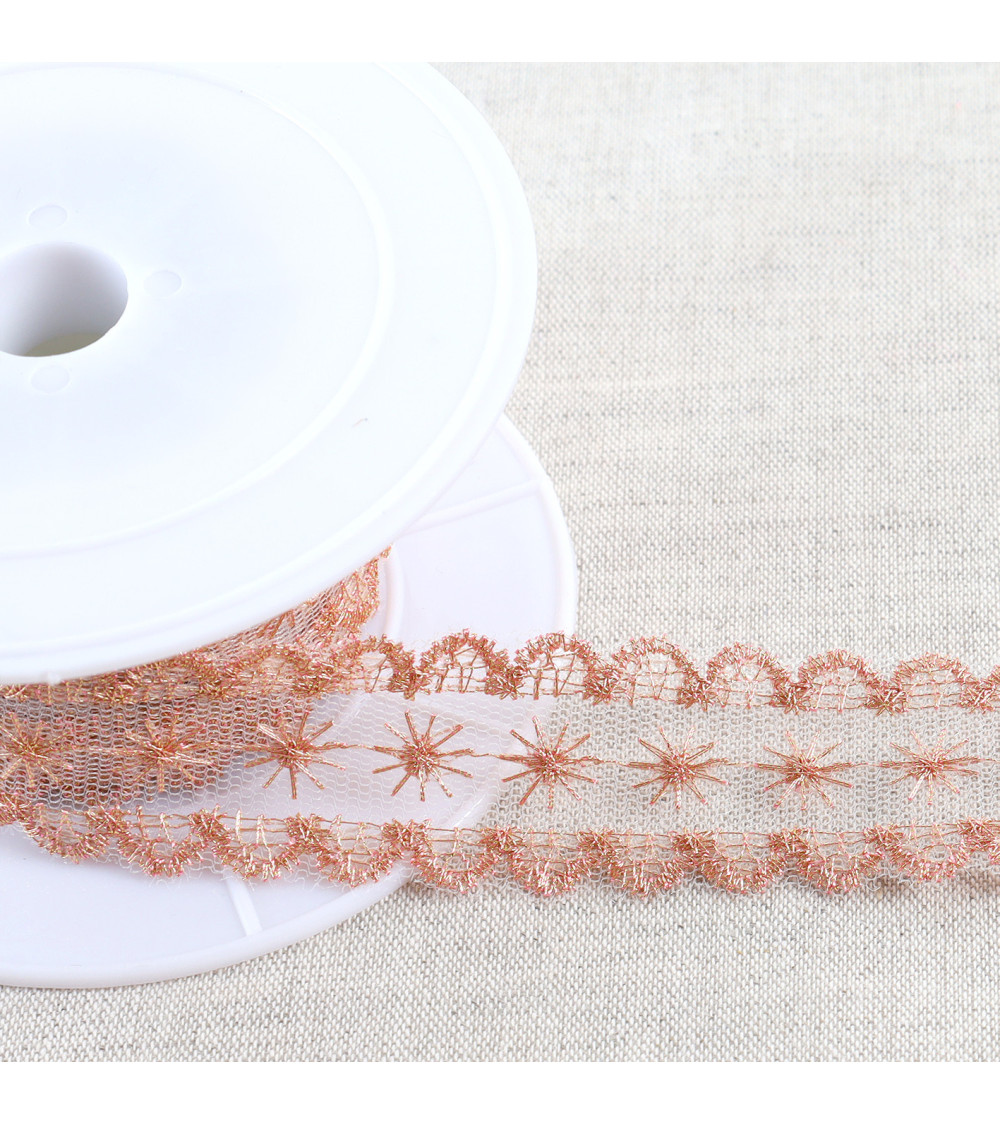 Metallic embroidery on 28mm rose gold tulle per meter