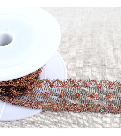 Metallic embroidery on 28mm black/gold/pink tulle per meter