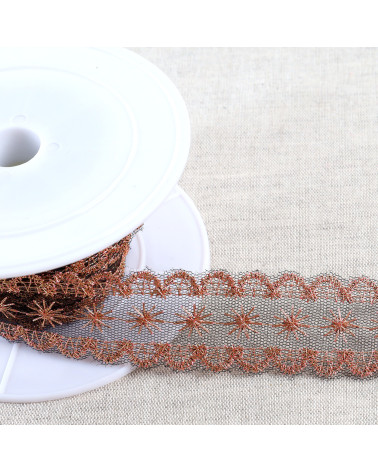 Metallic embroidery on 28mm black/gold/pink tulle per meter