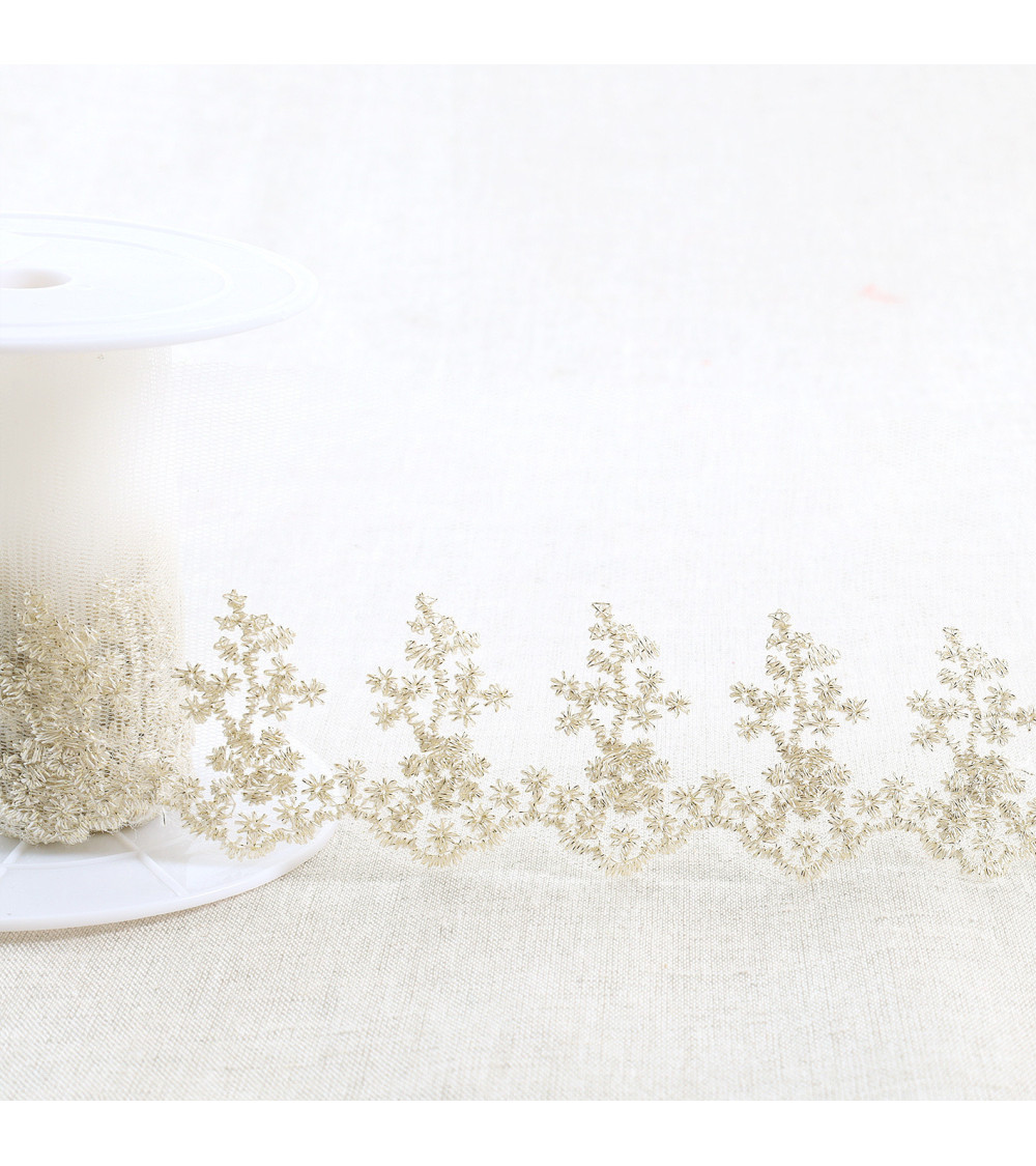 Metallic embroidery on 80mm gold tulle per meter