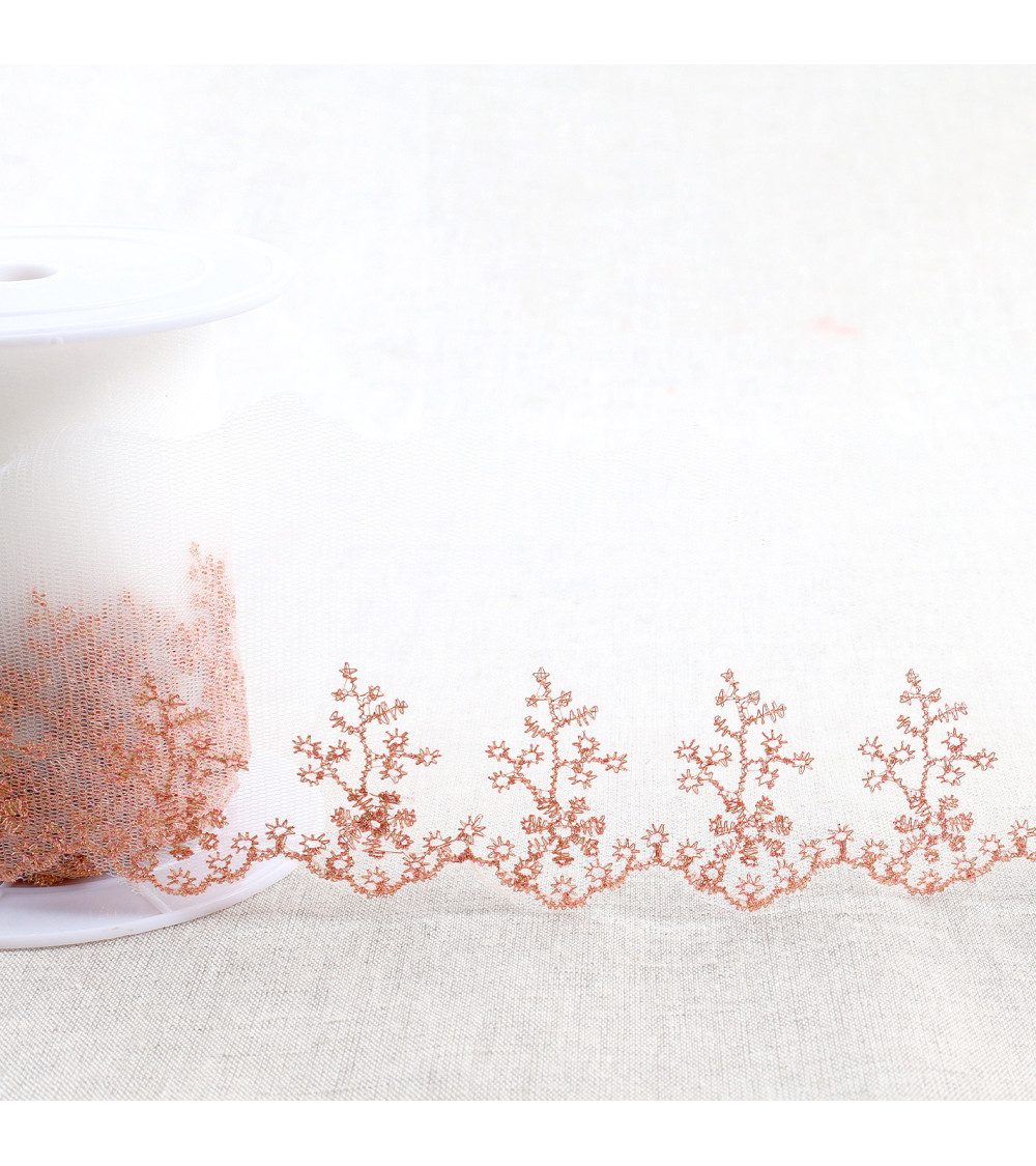 Broderie métallique sur tulle 80mm or rose au mètre