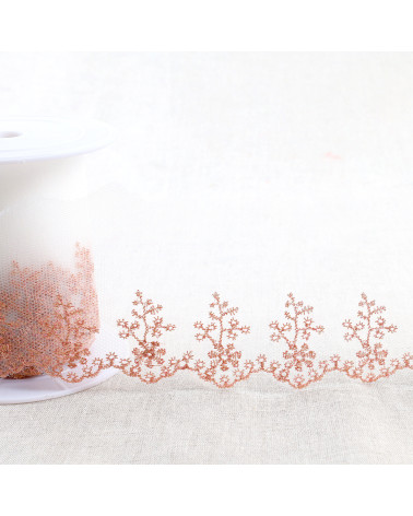 Broderie métallique sur tulle 80mm or rose au mètre