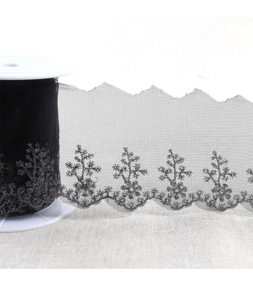 Metallic embroidery on 80mm black/silver tulle per meter