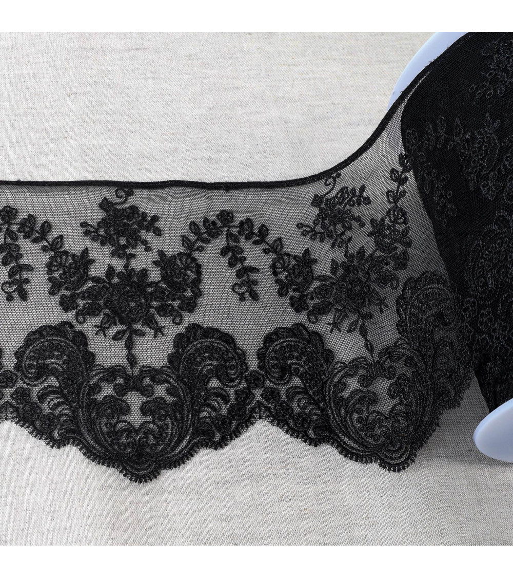 Shiny scalloped flower embroidered tulle 143mm black per meter