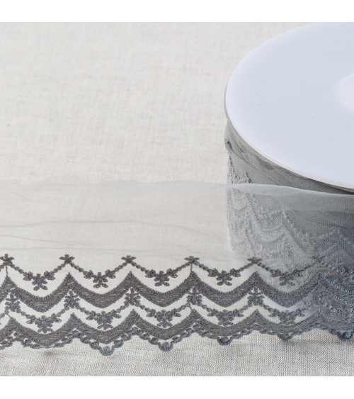 Matte scalloped double wave embroidered tulle 108mm medium gray per meter