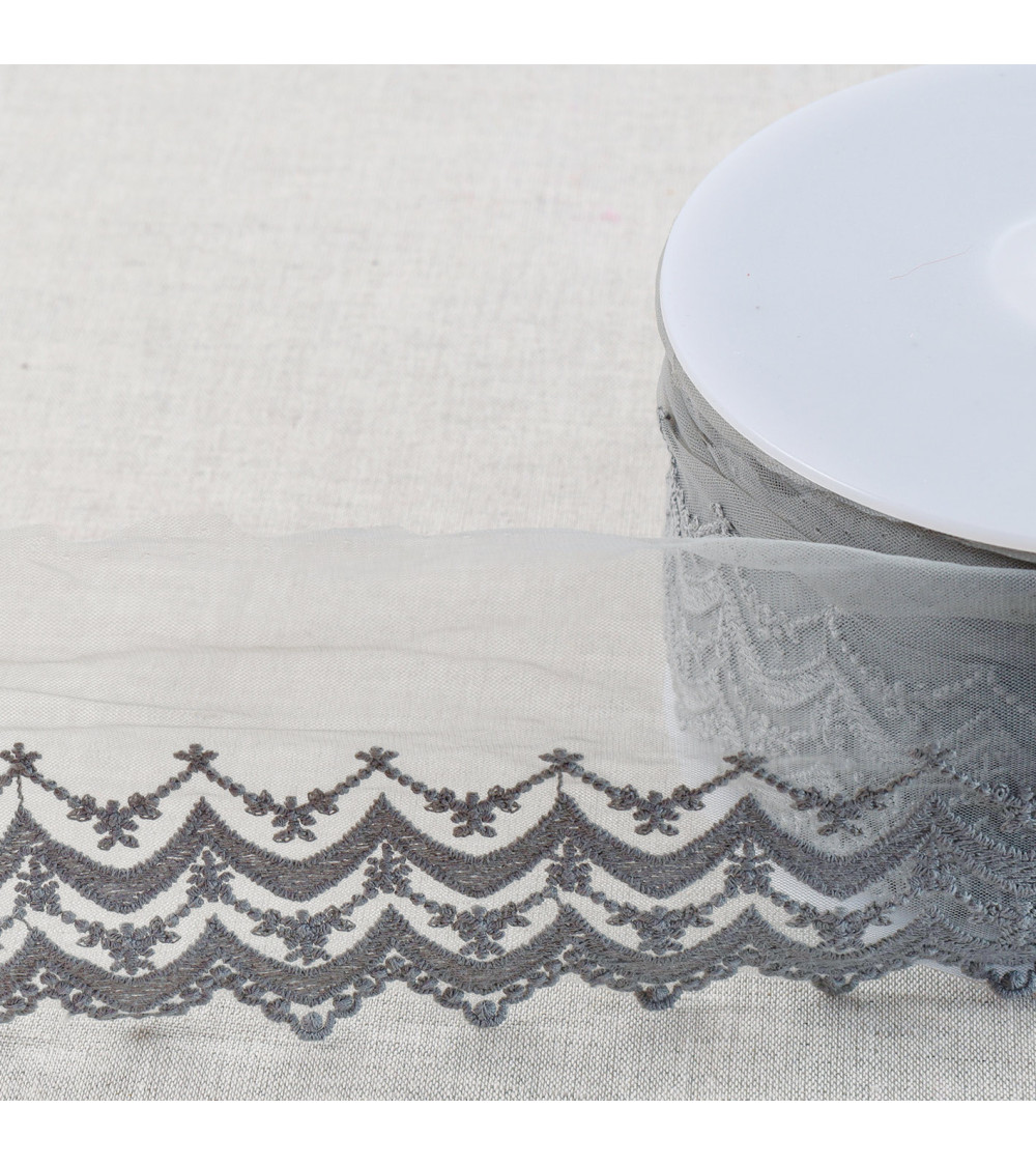 Matte scalloped double wave embroidered tulle 108mm medium gray per meter