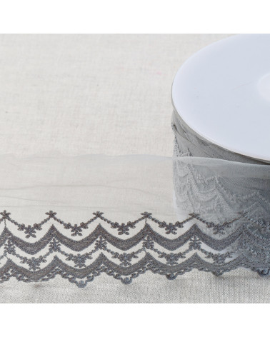 Matte scalloped double wave embroidered tulle 108mm medium gray per meter
