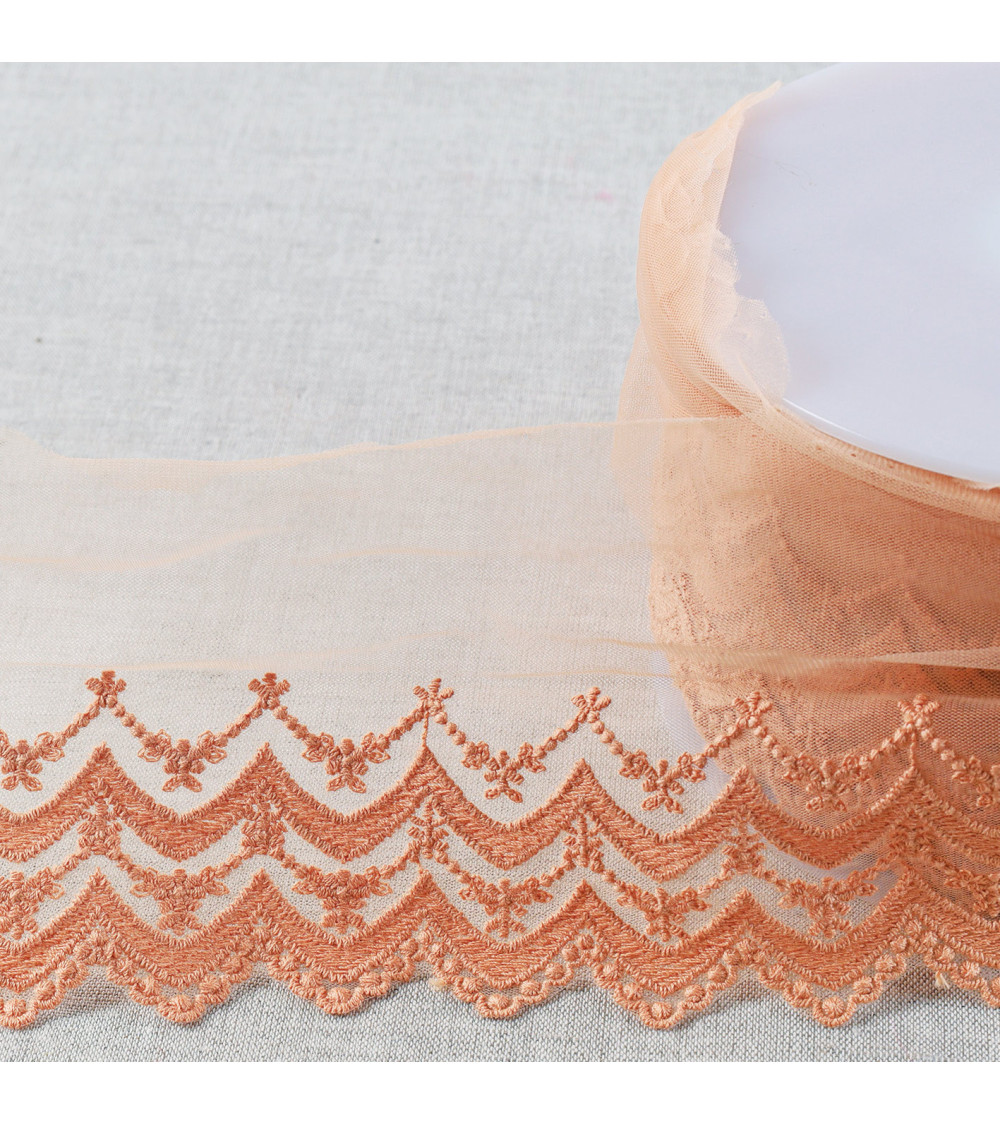Matte scalloped double wave embroidered tulle 108mm dark beige per meter